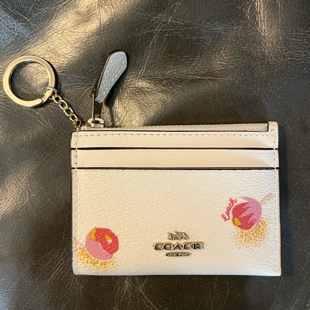White Floral Coach Wallet with Keychain